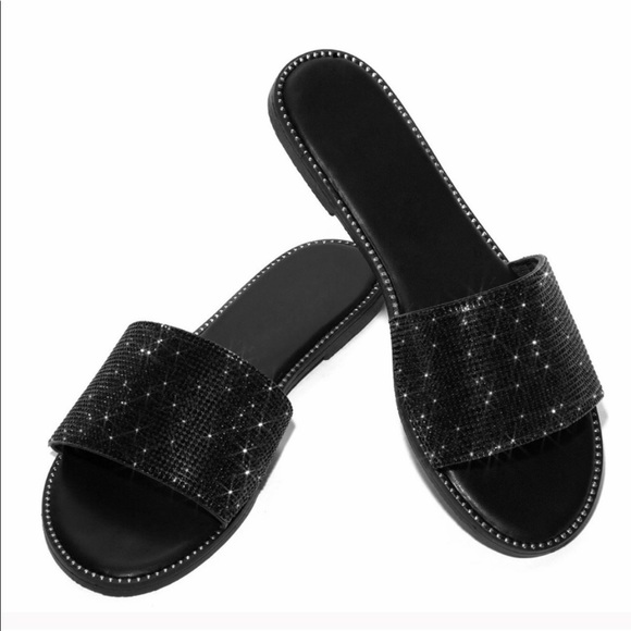 Black Rhinestone Band Slip On Flip Flop Sandals - Picture 4 of 9